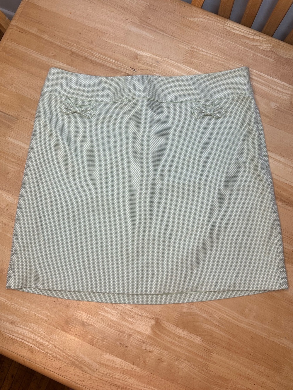 Ann Taylor LOFT Women’s Green Beige Woven Lined Mini Skirt Size 16 Bow Pockets